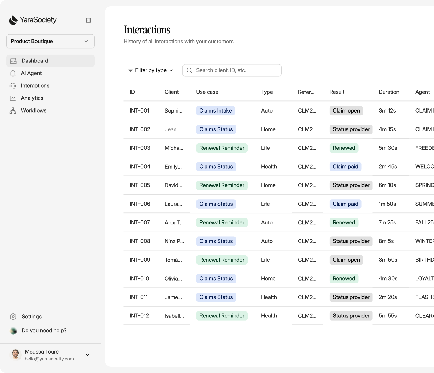 insurance dashboard interface